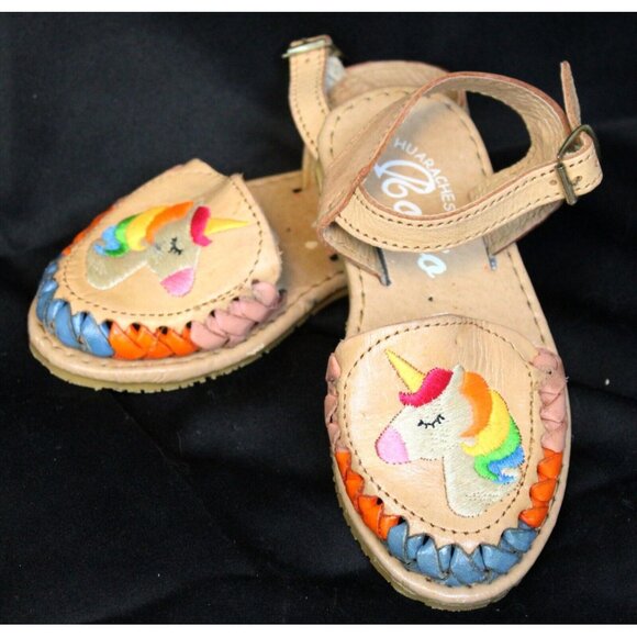 Huaraches Rocio Mexican Leather Sandals Girls 10 Toddler Unicorn Rainbow Ankle S - Picture 1 of 9